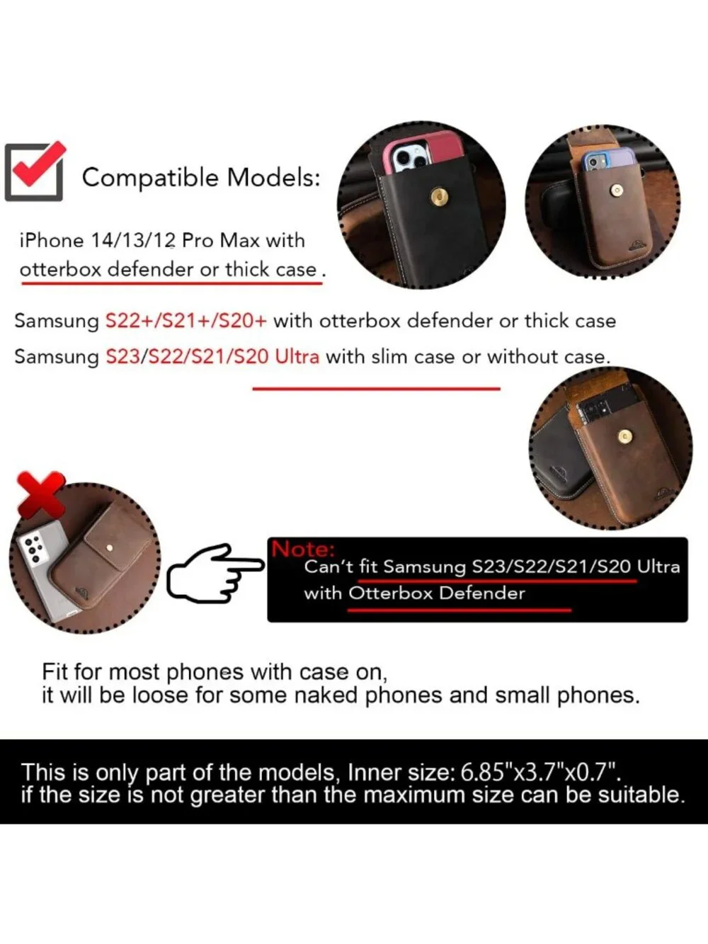 Leather Phone Holster for iPhone & Galaxy - Belt Clip Case, XL Dark Brown Pouch